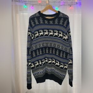 Aspen Christmas Knit Sweater Mens Medium Blue 100% Cotton Reindeer Snowflake